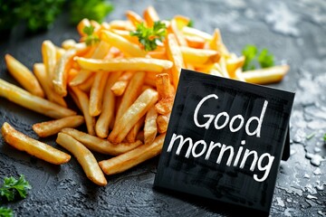 French fries chips potato with text good morning, breakfast concept