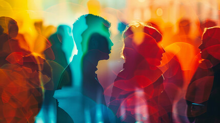 Vibrant Colored Silhouette Profiles of People Engaged in Dialogue - Multiple Exposure Concept