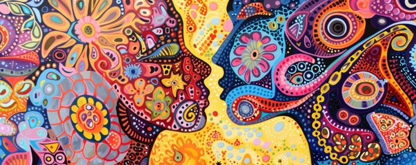 Colorful abstract art depicting the side profiles of two faces filled with intricate patterns, shapes, and vibrant colors.