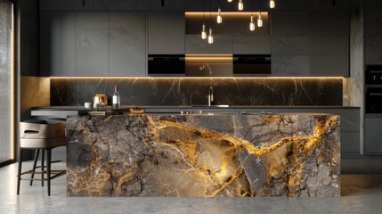 Modern luxury kitchen interior with marble accents, Elegant kitchen design featuring a marble island and gold lighting