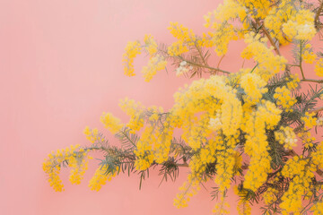 Delicate Mimosa Branches on Soft Pink Background   Nature Inspired, Botanical Art