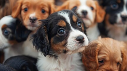 Depict a puppy socialization class, with various breeds of puppies interacting and learning from each other, Close up