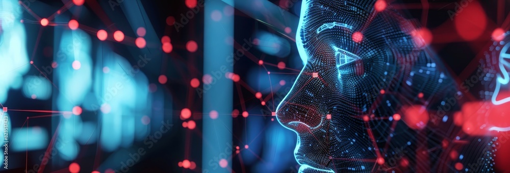 Aufkleber digital human face with futuristic technology background and data flow, representing ai, machine lea