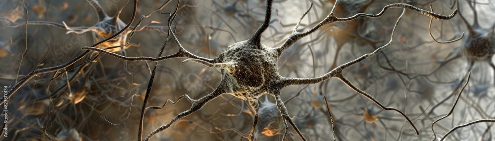 Poster detailed 3d rendering of neural network showcasing complex neuron connections and synapses against a