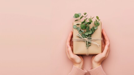 A woman's hands holding out to present the gift, wrapped in kraft paper and tied with twine, adorned with greenery for an eco-friendly touch, set against a soft pastel background.