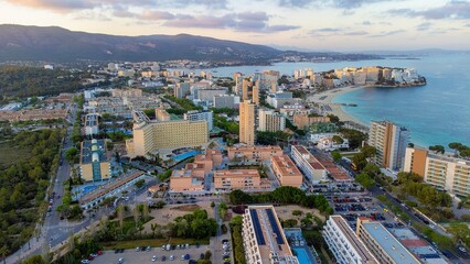Aerial view of Magaluf, a seaside resort town on Majorca in the Balearic Islands, Spain