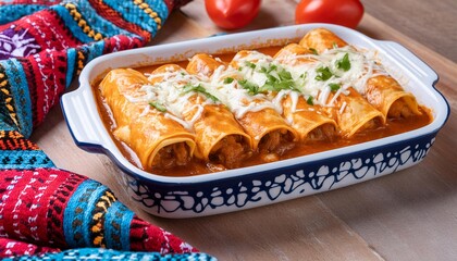 Enchiladas, a dish of tortillas rolled around a filling and covered with sauce and cheese, traditional Mexican cuisine, generative AI