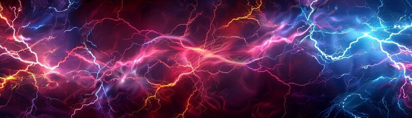 Dynamic electric energy field with vibrant lightning bolts and colorful plasma waves, perfect for backgrounds or sci-fi themes.