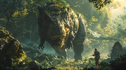 Depict a time traveler encountering dinosaurs in the prehistoric era, surrounded by lush vegetation and giant creatures, Close up
