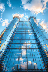 Modern Glass Skyscraper Reflecting Sky and Clouds Against a Bright Blue Sky