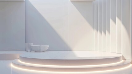 Minimalist White Room with Curved Podium for Elegant Product Display or Exhibition Showcase This serene and contemporary interior setting features clean lines,geometric shapes,and soft lighting to