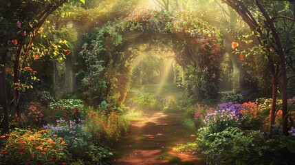 Obraz premium Enchanting forest pathway surrounded by colorful flowers and lush greenery, bathed in soft sunlight. Perfect for nature and tranquility themes.