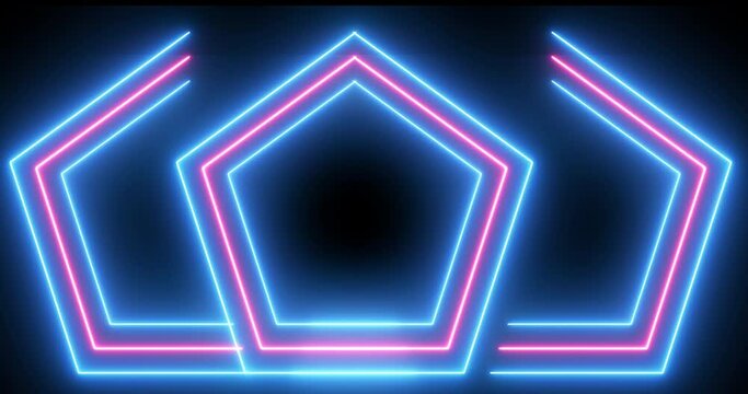 4k Neon Moving Polygon Animation Design. Polugon shape on black surface. Futuristic pattern with blight neon light animation. Glowing Led Light Geometric Modern Texture. Seamless loop.