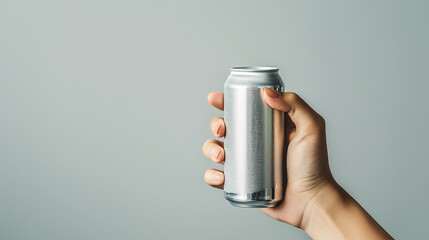 Photo of hand holding a soda's silver can mock-up against a soft grey background