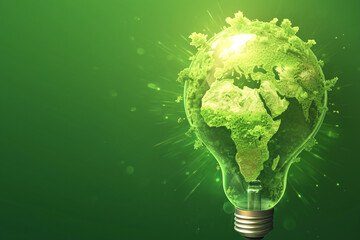 Green light bulb with continents shaped as Earth on a glowing green background