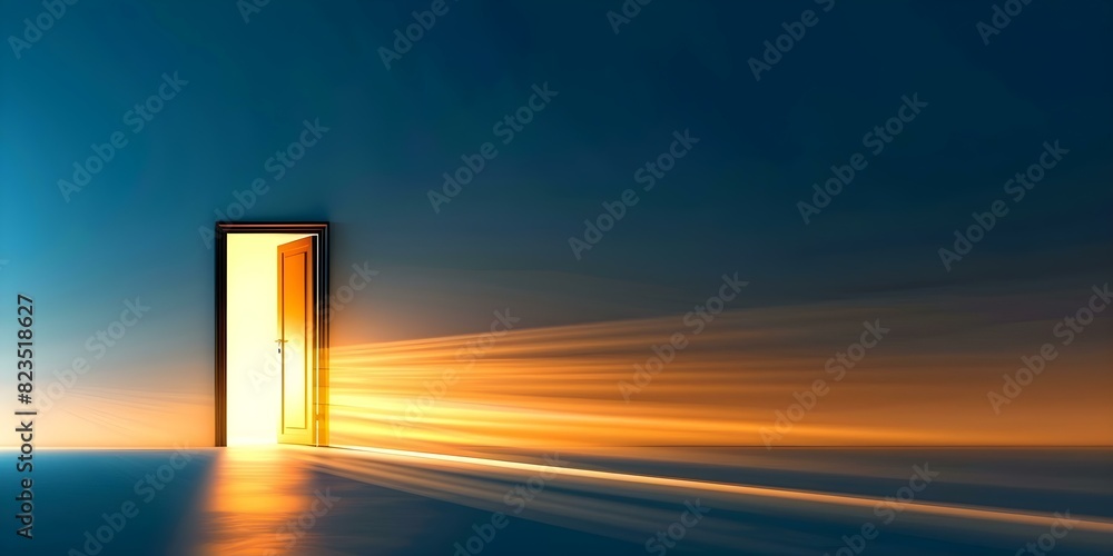 Poster 3d rendering of yellow light streaming through open door on blue background. concept 3d rendering, l