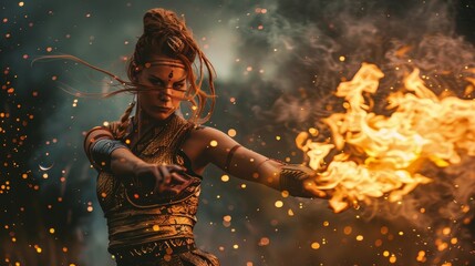 Powerful Warrior Woman Battling with Fiery Incantation