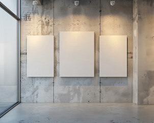 Concrete wall with empty canvas. Exhibition space. Graphic presentation.