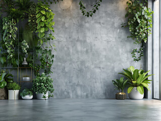 Empty living room. Concrete wall with green plants. Product space template.