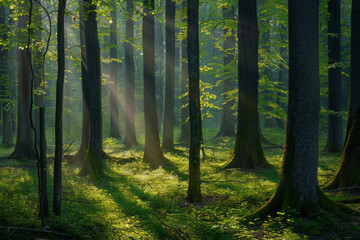 Green forest with beech trees, during spring time, with sun light and shadows, in a morning misty atmosphere.