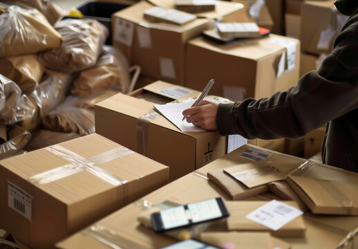 A warehouse with boxes ready for shipping online orders. The shipping manager is checking the orders. The company’s warehouse with orders packed in boxes.