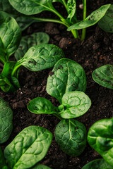 Obraz premium Close Up of Fresh Spinach Leaves Growing in Rich Soil Garden