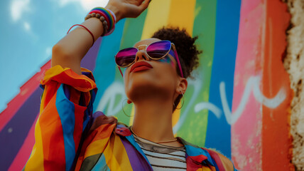 A stylish person wearing rainbow-themed clothing and accessories, with reflective sunglasses and vibrant red lipstick, poses confidently against a colorful mural.