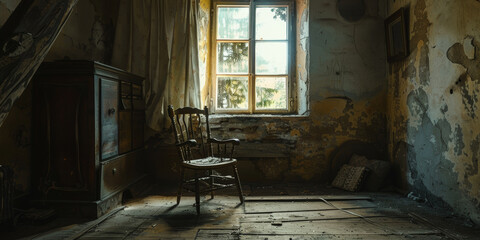 Abandoned Rustic Room with Wooden Chair and Old Cabinet in Sunlight