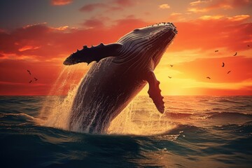 Stunning image of a humpback whale emerging from the ocean against a fiery sunset sky
