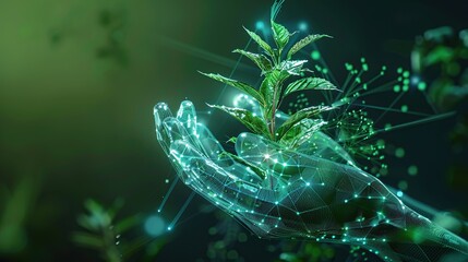 Digital human hand holding the plant in its palm. Copy space - 