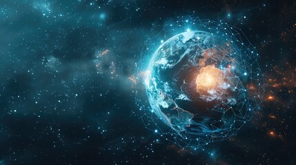 Obraz premium Global network connection. Abstract illustration of a technology data network surrounding planet earth , Abstract global technology network background