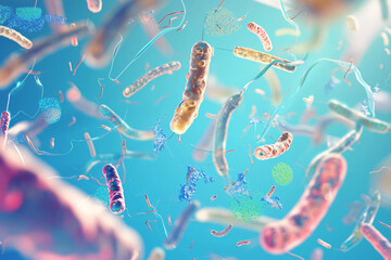 Abstract depiction of bacteria in bright colors floating in a blue and white background