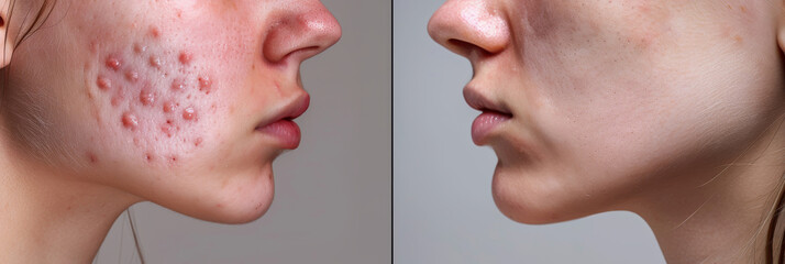 Acne treatment before and after, woman affected and healthy skin closeup, black dots, blackheads
