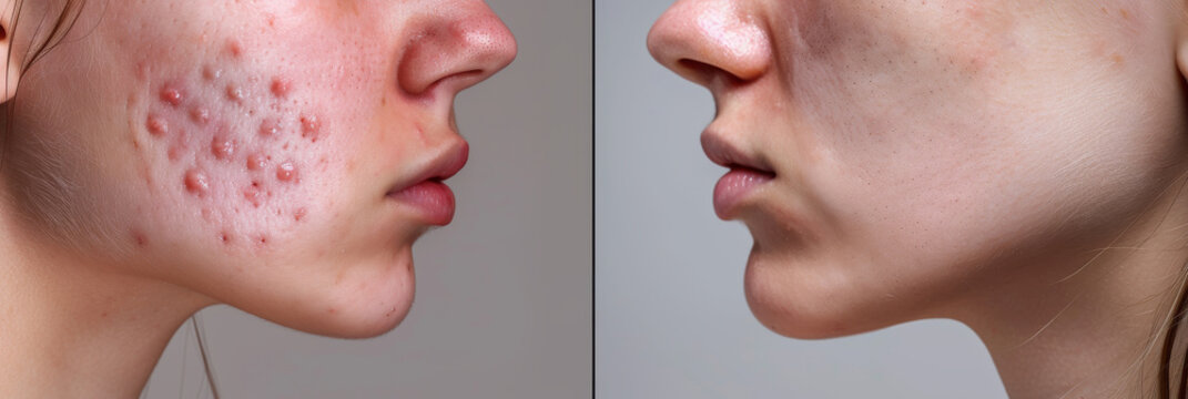 Acne treatment before and after, woman affected and healthy skin closeup, black dots, blackheads