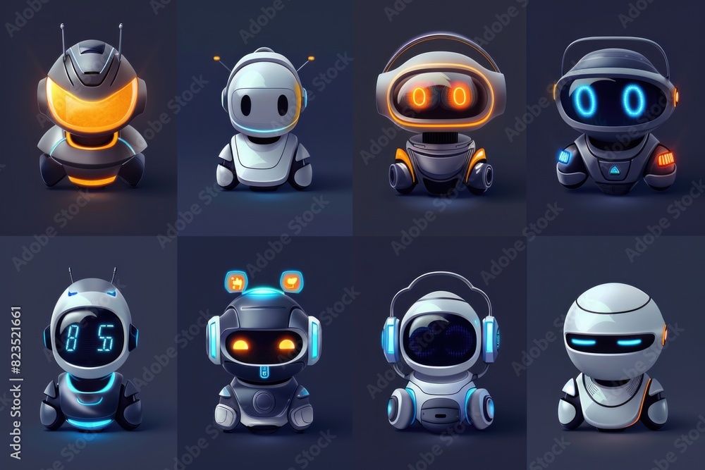 Poster A group of six robots with glowing eyes. Suitable for technology and sci-fi concepts