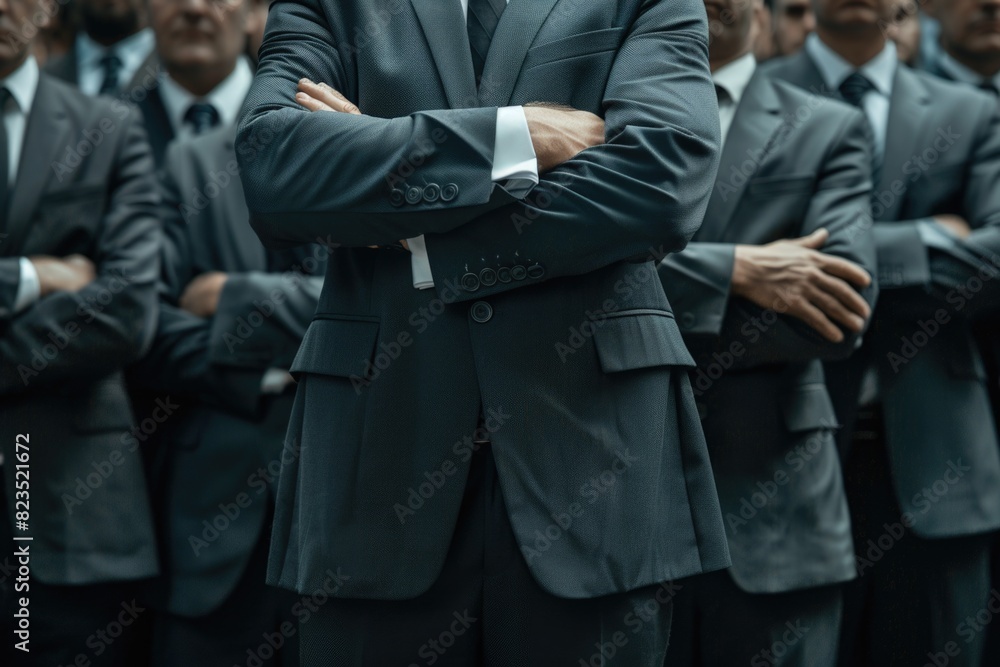 Poster a man in a suit and tie standing in front of a group of men. ideal for business presentations