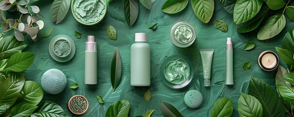 Eco-friendly products arranged on a lush green background, with an overlay of leaves and environmental icons, emphasizing sustainability and nature.