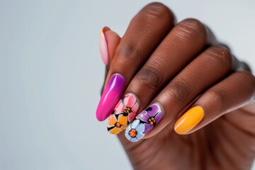 African American Woman's Hand With Flowers Painted On Her Long Nails Colorful Summer-Themed Nail Art Gray Background Nail Salon