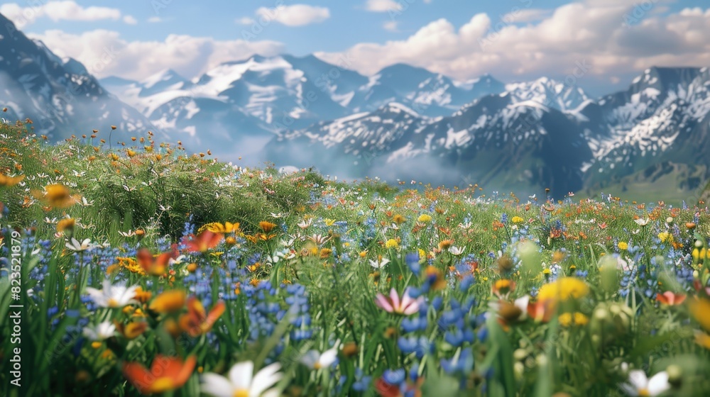 Poster scenic view of mountains with colorful flowers in the foreground. ideal for nature and travel concep