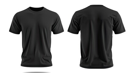 A black tshirt viewed from both front and back, laid on a white surface