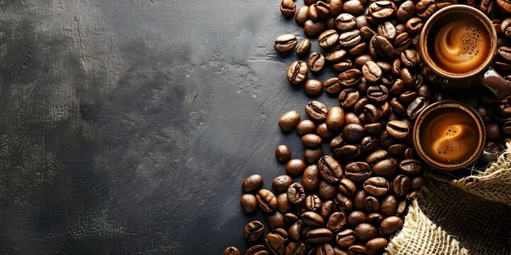 Top view of roasted coffee beans on International Coffee Day celebration. Concept Coffee Day, Roasted Beans, Top View, International Celebration, Food Photography