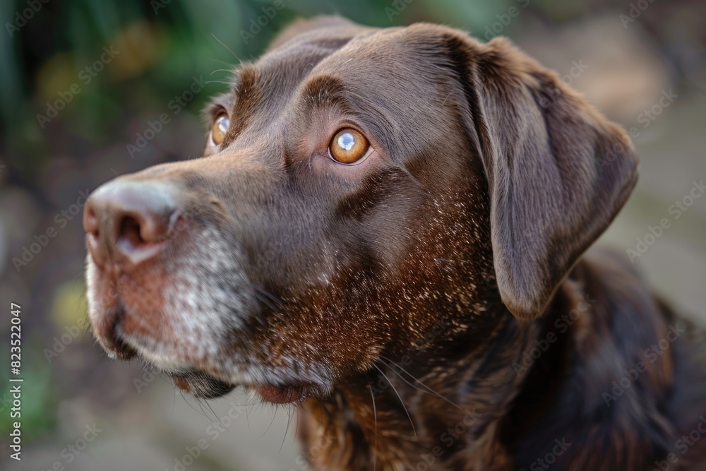 Poster close-up view of a dog's face with a blurred background. suitable for pet-related designs