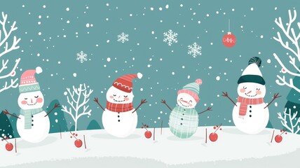 Cheerful snowmen celebrate in a festive winter wonderland, surrounded by decorations and present