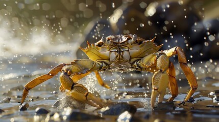 Fototapeta premium a crab as it scuttles across the sand or skitters along a rocky shoreline, with its legs extended and its claws raised in readiness.