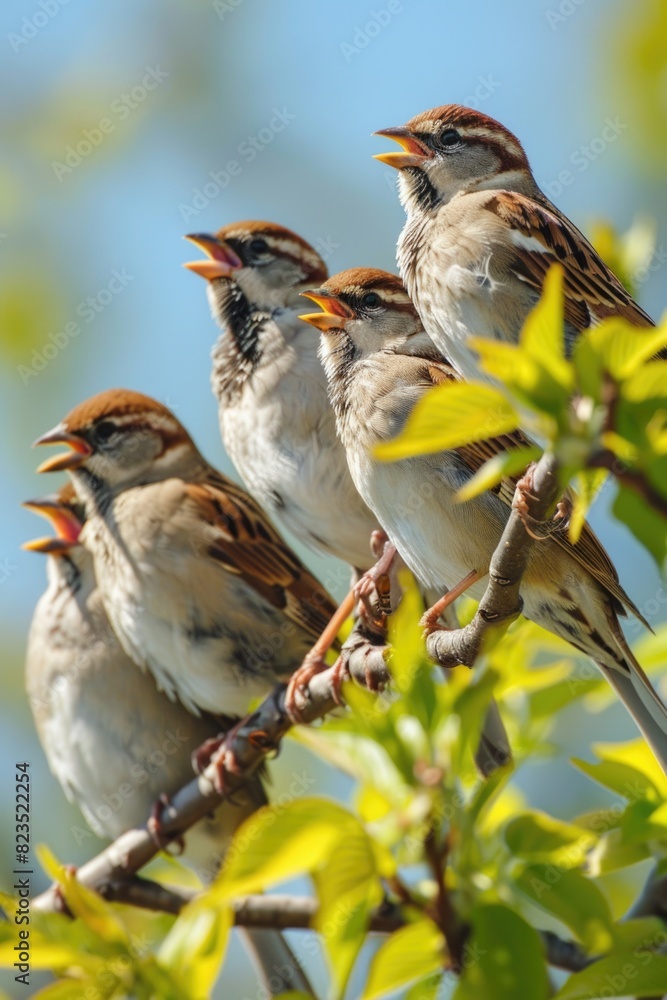 Poster a group of birds sitting on a tree branch. perfect for nature and wildlife themes