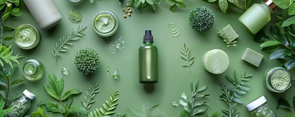 Organic and eco-friendly products set against a green background, with an overlay of environmental symbols and natural elements, promoting sustainable practices.