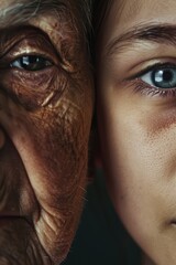 Close up of a person with an older person. Suitable for family and generational themes