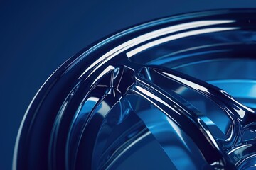 Detailed view of a shiny wheel on a blue backdrop, ideal for automotive industry