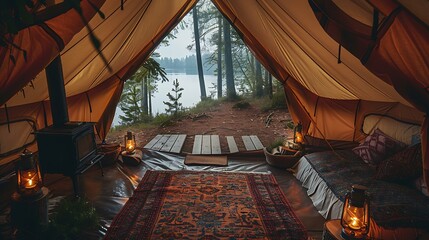 A cozy tent with a wood burning stove, lanterns, and a view of the lake and forest.