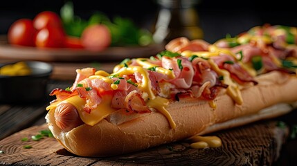 Close-up of a delicious hot dog topped with melted cheese, crispy bacon, and chives on a wooden table, surrounded by fresh ingredients. - Powered by Adobe